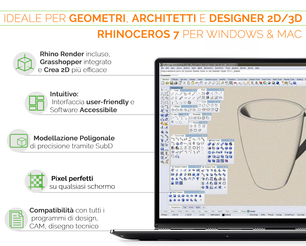 Rhinoceros 7 per Win & Mac ideale per geometri architetti e designer 2D e 3D